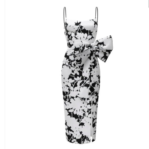 BOW-EMBELLISHED FLORAL-PRINT SATIN MIDI DRESS - Picture 1 of 7